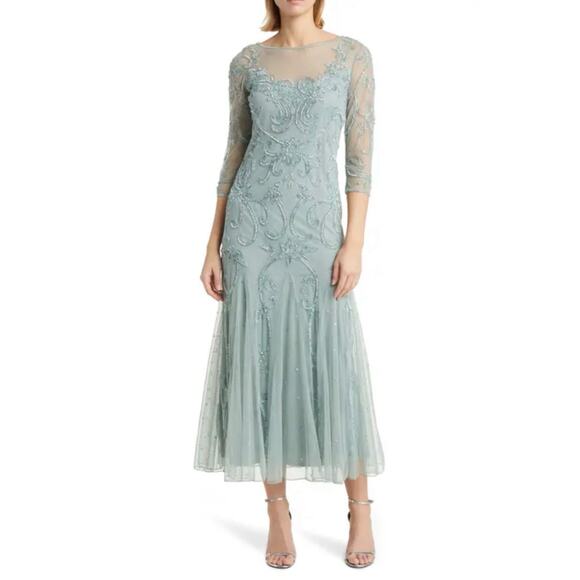 Pisarro Nights Women's Beaded Illusion Neck Gown Size 20 Formal Dress Mint Green - Picture 1 of 16